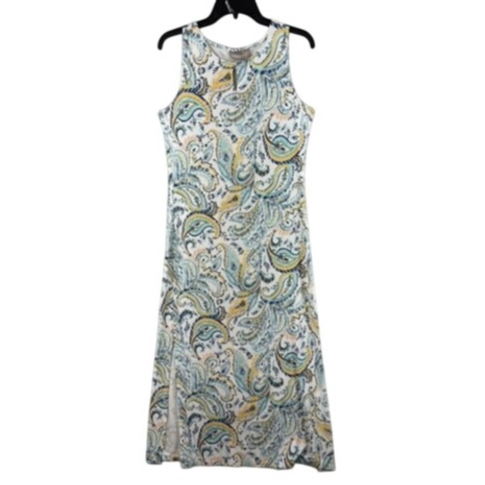 Chico's Maxi Dress Womens Sz M White Blue Paisley Sleeveless Side Slit Stretch